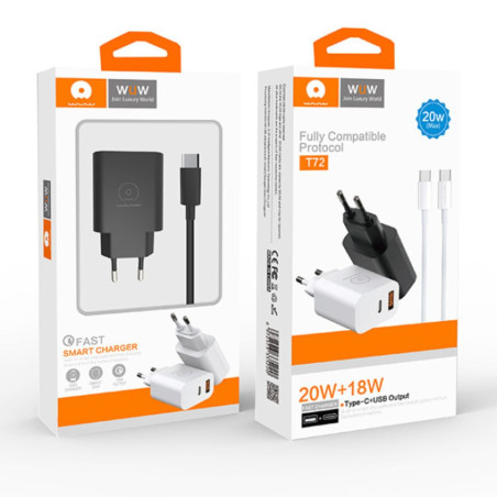 Kit Chargeur USB-C 20W + USB 18W + Cable Lightning - Noir (WUW T72) — Accessoire · Smarty Paris 18e
